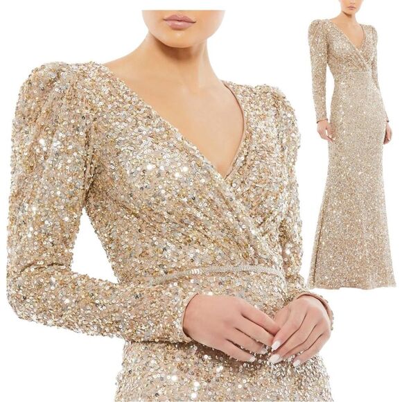 MAC DUGGAL 4 Gold‎ Shimmering Puff Shoulder Sequined Surplice Modest Gown 5510